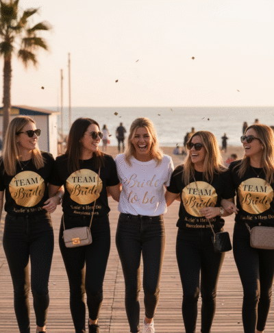 A group of five women, all smiling and linking arms, walk toward the viewer on a wooden boardwalk near a beach at sunset. Four of the women wear matching black t-shirts with a smaller gold circular "TEAM Bride" logo. The woman in the center, the bride, wears a white t-shirt with a smaller gold "Bride to be" logo. All are wearing black jeans and sunglasses. Confetti falls around them.