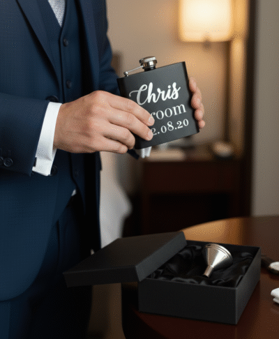 Personalised groom hip flask gift. Lifestyle image of a groom in a suit holding his custom flask, with the presentation box and funnel on a table. Ideal for wedding day accessories and groom gifts.