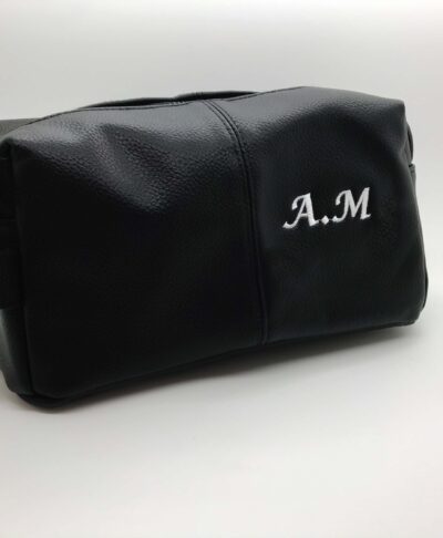 personalised leather look wash bag black