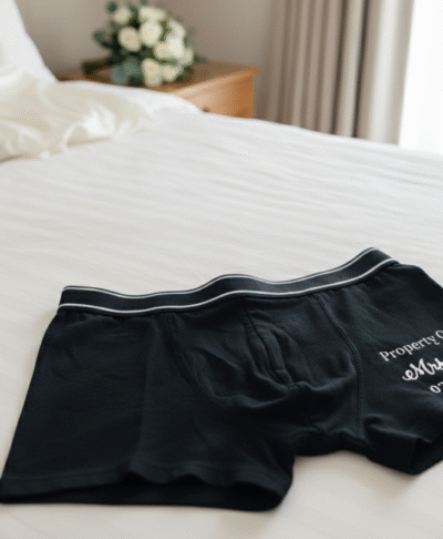 Groom's personalised boxer shorts laid out on a bed on the wedding morning. The black cotton boxer shorts feature custom text, making them a perfect groom gift or detail shot for wedding photography.