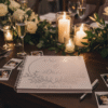 A white wedding guest book with silver text on the cover is placed on a table at a wedding reception, next to a small, elegant floral centerpiece and other decorative items.