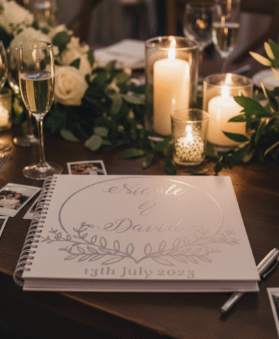 A white wedding guest book with silver text on the cover is placed on a table at a wedding reception, next to a small, elegant floral centerpiece and other decorative items.