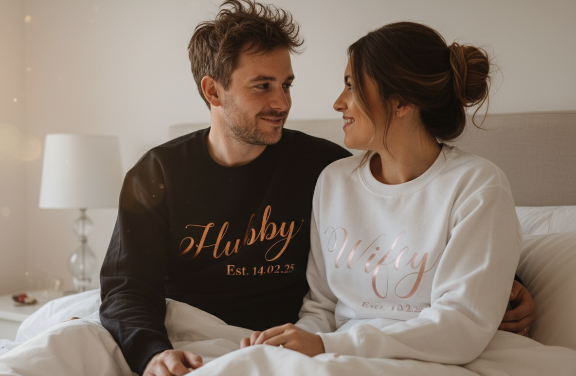 Lifestyle image of a husband and wife in matching 'Hubby Wifey' sweatshirts after their wedding. Perfect for personalised couple hoodies, wedding gifts, anniversary presents, and newlywed apparel