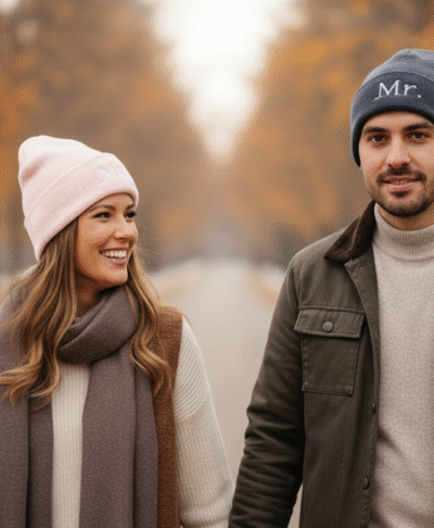A close-up, face-on lifestyle image of a couple and two small children sitting on a snowy bench outdoors, smiling and wearing matching white bobble hats. The woman's hat has "Mrs" embroidered on the front, and the man's hat has "Mr" embroidered on the front. They are all bundled up in warm clothing, with a snowy winter landscape and pine trees visible in the soft background.