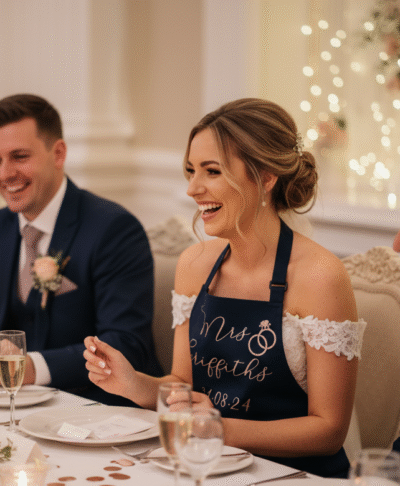 Smiling bride at wedding top table wearing a personalised navy 'Mrs. Griffiths 31.08.24' apron with rose gold rings design, celebrating her wedding meal. Ideal for bridal gifts, wedding day accessories, and personalised bride aprons.