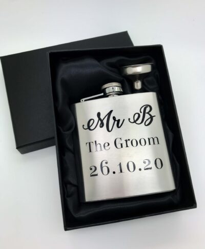 personalised groom hip flask silver
