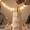 A hand wearing a suit jacket sleeve is holding up a canvas wine bottle bag containing a bottle of champagne. The bag is cream colored with copper foil script that reads "Just for you" and a small heart at the bottom. The background shows a dimly lit formal dinner table with champagne flutes, scattered rose petals, a lit candle, and blurred figures of people seated, suggesting a celebration or romantic setting.