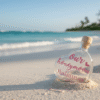 A heart shaped glass honeymoon sand bottle with a wooden cork stopper, partially buried in soft white sand on a tropical beach. The bottle features pink text that reads 'Our honeymoon Bahamas 2024' with a small heart icon, set against a background of turquoise ocean waves and blurry palm trees