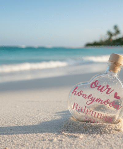 A heart shaped glass honeymoon sand bottle with a wooden cork stopper, partially buried in soft white sand on a tropical beach. The bottle features pink text that reads 'Our honeymoon Bahamas 2024' with a small heart icon, set against a background of turquoise ocean waves and blurry palm trees