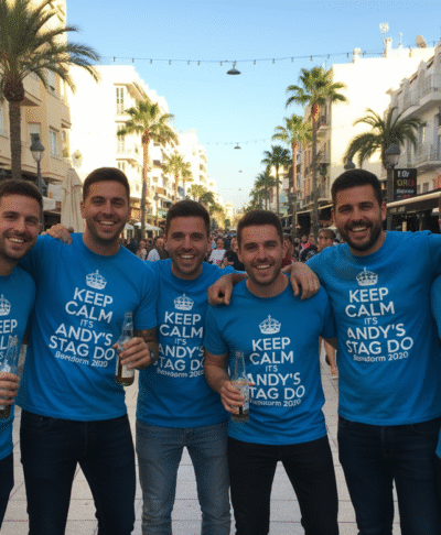 Custom stag do t-shirts blue matching group photo in Benidorm. Group of men wearing matching blue stag party tops drinking beer. Stag do tops with 'Keep Calm and It's Andy's Stag Do' slogan.