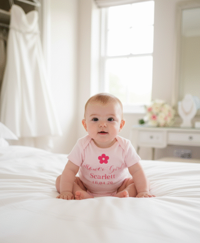 A delightful image of a baby sitting up on a white, duvet covered bed in a bright room, likely a bridal suite on a wedding morning. The baby is wearing a short sleeved, light pink baby grow. The baby grow is printed with a bright pink flower graphic and the text, 