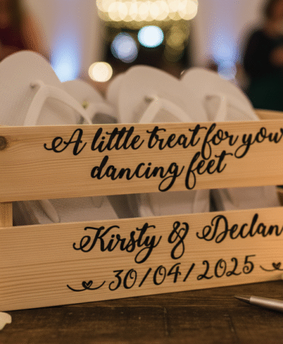 Rustic wooden wedding favor crate filled with white flip-flops for guests' 