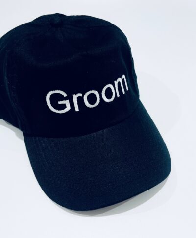 Black groom squad embroidered cap with white stitching
