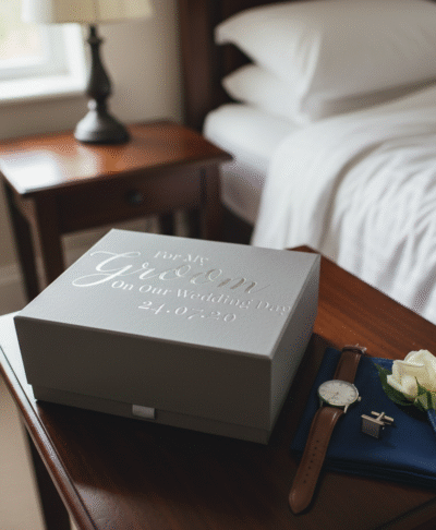 Personalised 'For My Groom' Wedding Day Gift Box. Ideal for wedding favours, groom proposals, and bespoke matrimonial gifts, featuring text and date on the lid.