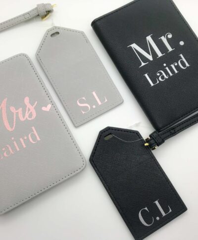 Mr & Mrs passport cover and luggage tag travel gift set