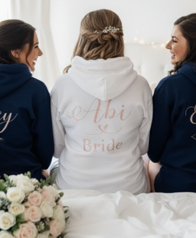 Bride in a white 'Mrs.' hoodie posing with her bridesmaids in matching 'Bridesmaid' hoodies, showing off wedding day preparation comfort wear.