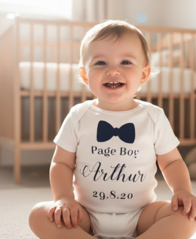 Personalised 'Page Boy' baby grow for a toddler, featuring a bow tie and custom name 'Arthur' with a wedding date '29.8.20'. Ideal outfit or gift for a ring bearer, wedding day, or baby shower.