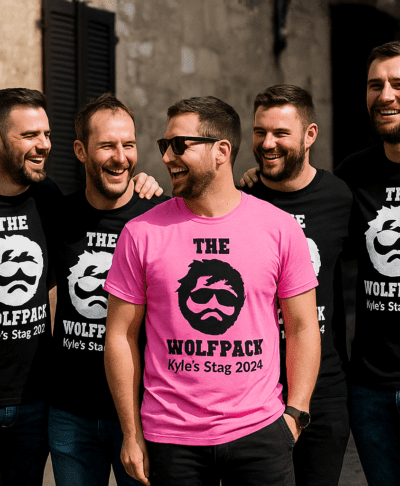 A group of six men are standing together outdoors, laughing and smiling while wearing matching black t-shirts that read “THE WOLFPACK Kyle’s Stag 2024.” One man in the center stands out in a bright pink version of the same shirt. The group appears to be enjoying a stag party on a sunny day, with stone buildings in the background.
