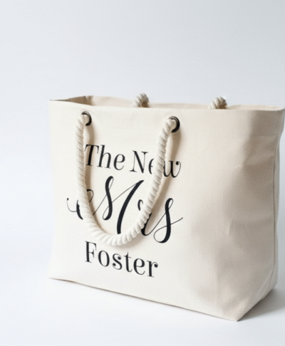 Personalised natural canvas tote bag featuring 'The New Mrs Foster' printed in black script, with thick rope handles, ideal for honeymoon or beach use