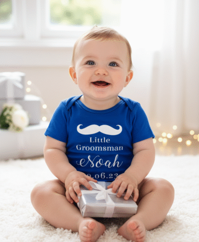 A joyful baby is sitting cross legged on a plush white rug, looking directly at the camera with a wide, happy smile. The baby is wearing a short-sleeved, bright blue bodysuit with white text and graphics that read: a mustache icon, 