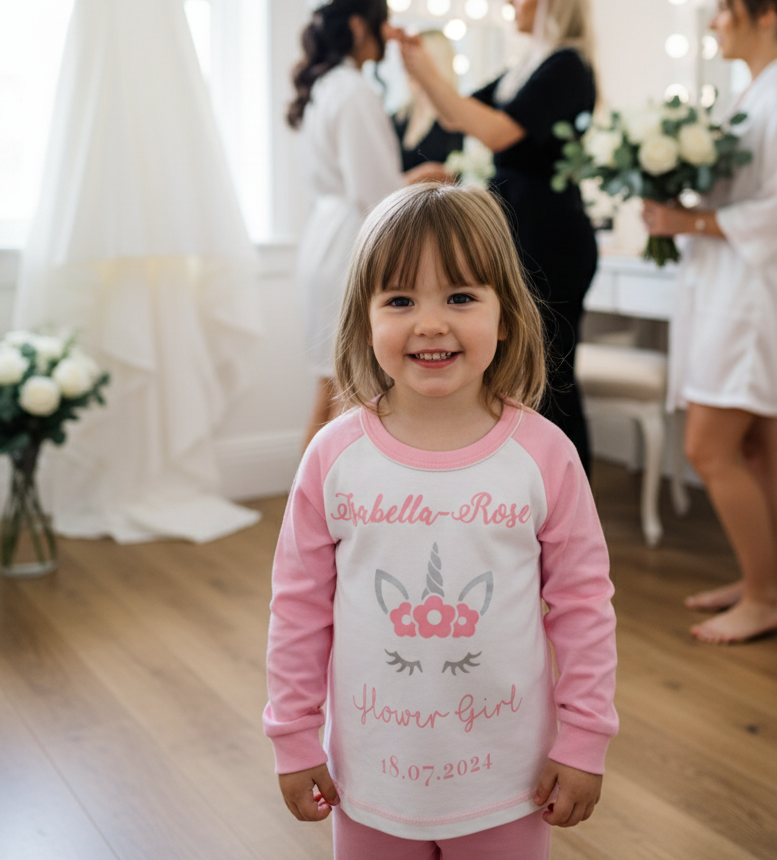 Lifestyle image of a flower girl smiling and getting ready in a bright room on the morning of a wedding, wearing white and pink personalised "Flower Girl" pyjamas, capturing a sweet moment of wedding preparation.