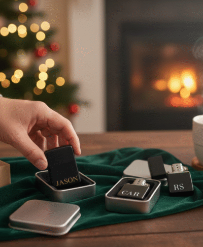 A close up lifestyle image of a hand placing a custom personalised black lighter (with "JASON") into a metal tin, with two other personalised lighters ("CAR" and "RS") in tins, on a wooden table with a Christmas tree and fireplace in the background.