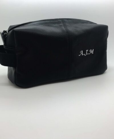 black leather personalised toiletry bag