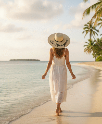Woman wearing a wide brimmed straw sun hat on her honeymoon, standing on a tropical beach with turquoise water and palm trees in the background