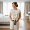 A woman, the Mother of the Bride, is shown in a lifestyle setting, wearing, short-sleeved t-shirt dress or nightgown in an off-white color. The front of the garment features text, "Mother of the Bride" or a similar phrase, in a dark, stylised script font, matching the design of the original image. The overall setting appears bright and relaxed, suitable for a bridal preparation context.
