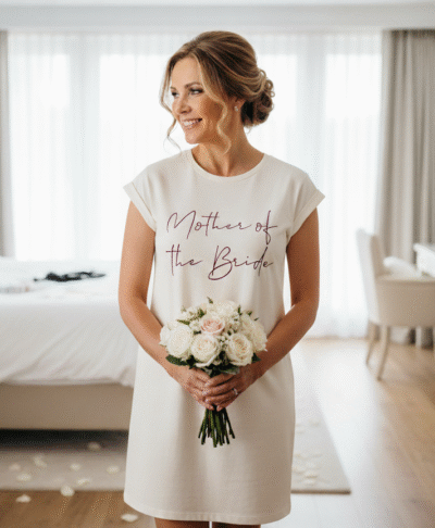 A woman, the Mother of the Bride, is shown in a lifestyle setting, wearing, short-sleeved t-shirt dress or nightgown in an off-white color. The front of the garment features text, "Mother of the Bride" or a similar phrase, in a dark, stylised script font, matching the design of the original image. The overall setting appears bright and relaxed, suitable for a bridal preparation context.