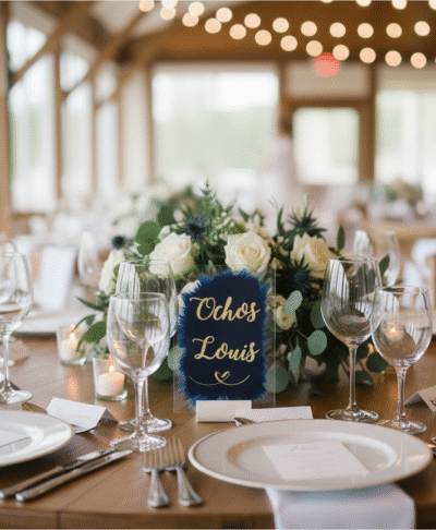 A close up of a decorated wedding reception table setting, featuring a clear, acrylic table number card with gold toned text reading 