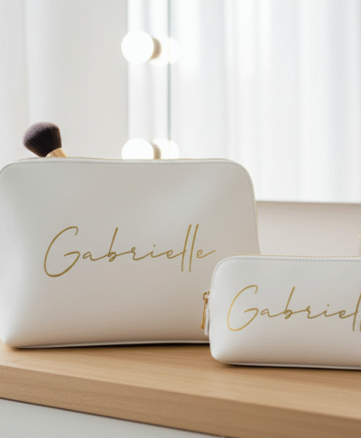 Personalised ivory makeup bags (large and small) with gold 'Gabrielle' script. Perfect as bridesmaid gifts, wedding favours, or custom bridal party accessories. Ideal for 'Will you be my bridesmaid?' proposals and bachelorette party keepsakes.