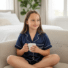 A young girl is sitting comfortably on a sofa in a warm, inviting setting. She is wearing satin navy blue short pyjamas. The pyjama top has a pocket with the name "Pearl" printed on it in a white color. Her hands are holding a mug and she appears relaxed. The background is softly lit, suggesting a cosy, indoor scene.