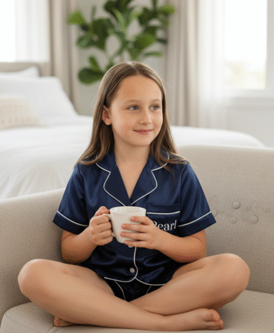 A young girl is sitting comfortably on a sofa in a warm, inviting setting. She is wearing satin navy blue short pyjamas. The pyjama top has a pocket with the name "Pearl" printed on it in a white color. Her hands are holding a mug and she appears relaxed. The background is softly lit, suggesting a cosy, indoor scene.