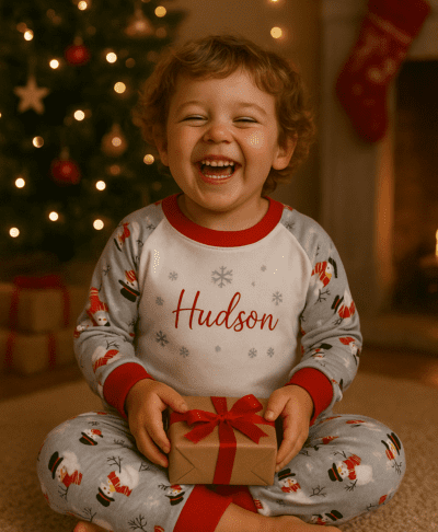 Child wearing festive Christmas pyjamas featuring a cheerful snowman design, with long sleeves and cosy matching bottoms, perfect for holiday celebrations.