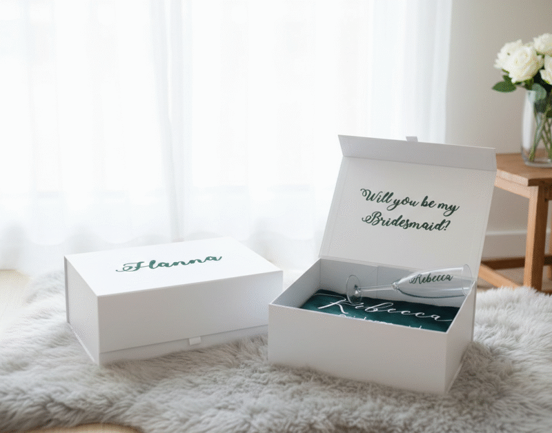 A lifestyle photo of a white bridesmaid gift box open on a furry rug. Inside are green satin items labeled 'Rebecca Bridesmaid' and a hand placing a personalised champagne flute inside. A second box lid labeled 'Will you be my bridesmaid?' and a third lid labeled 'Hanna' are visible. White roses are in the background.