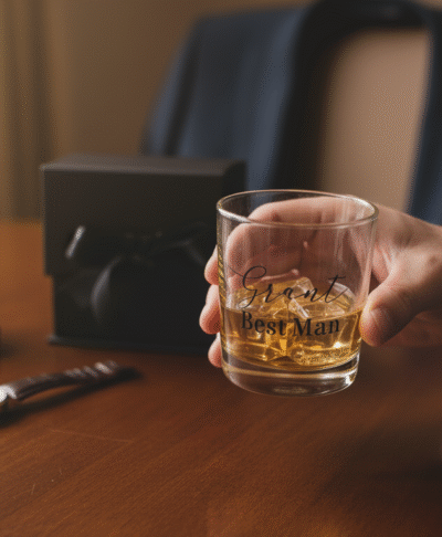 A close up, warm-toned image of a man's hand in a formal suit jacket holding a whiskey glass filled with ice and amber liquid. On the dark wooden table are wedding related items, including an open ring box with a ring, a watch, a gift box, and an empty shot glass personalised with 