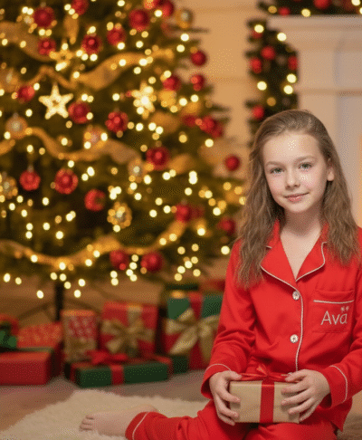 An image of a young girl sitting on a fluffy white rug in front of a brightly lit Christmas tree. She is wearing personalised red pyjamas with white piping and a white printed name, "Ava," on the pocket. She is holding a small, wrapped gift and smiling gently at the camera. The background is a cosy, festive living room with a fireplace and Christmas stockings visible.