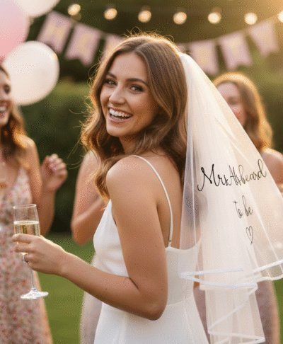 Smiling bride to be wearing a stylish hen party veil with black custom personalisation, suitable for a bridal shower or hen party celebration
