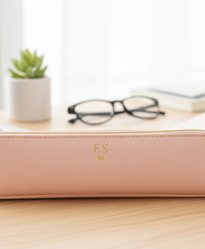 Monogrammed pink accessory case with personalised initials and gold zipper