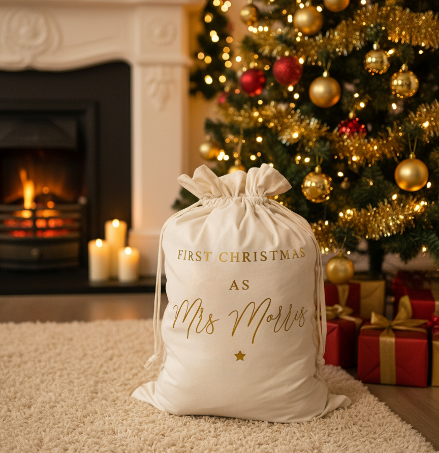 A cream velvet Christmas sack with gold text is placed on a light coluored floor next to a brightly lit, decorated Christmas tree. The sack is personalised with a name, and is surrounded by a few wrapped Christmas presents, creating a festive holiday scene.