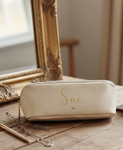 personalised cream accessory case with the name "Sue" written in gold script is resting on a rustic wooden vanity. Next to it is a steaming cup of tea, a silver tube of lotion or cream, and a delicate silver necklace. To the left is a vintage, ornate gold-framed mirror reflecting a window, and a glass jar containing cotton rounds. A makeup brush lies nearby. The overall setting is cosy and softly lit, suggesting a relaxing morning routine.