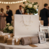 A large, matt white gift bag with matching handles sits in the foreground, surrounded by wedding related gifts on a white table.