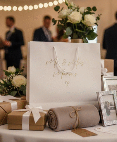 A large, matt white gift bag with matching handles sits in the foreground, surrounded by wedding related gifts on a white table.