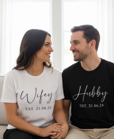 Lifestyle image of a newly married couple embracing in a bright, modern home setting, both wearing matching personalised t-shirts: the woman in a 'Wifey' tee and the man in a 'Hubby' tee, showcasing comfortable and cute couple apparel for newlyweds.