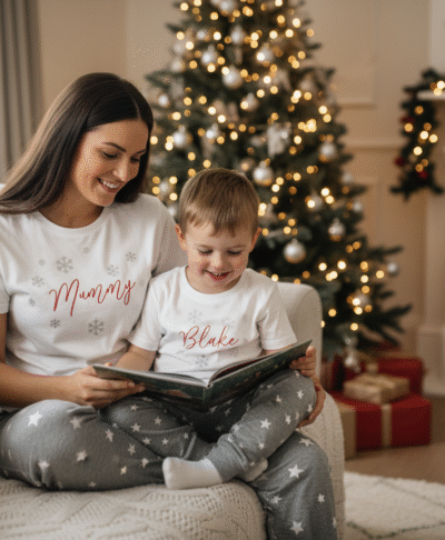 A warm, Christmas lifestyle image of a mother and her young son, Blake, sitting closely on a cosy sofa, reading a book together in front of a brightly lit Christmas tree and a decorated fireplace. They are both wearing matching white and grey star patterned pyjamas. The mother's shirt says "Mummy" and the boy's shirt says "Blake." The room is decorated for the holidays, creating a festive and intimate scene.