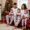 A joyful family of five, including a mom, dad, and three young children, are sitting together on a red couch in a cosy, festive living room on Christmas morning. They are all wearing matching pyjamas with white tops and grey trousers patterned with snowmen and Christmas elements. The mom's shirt says "Mummy" and the dad's says "Daddy." The children's shirts are white with red trim. They are smiling, opening gifts, with a beautifully decorated Christmas tree, a fireplace with stockings, and more presents surrounding them.