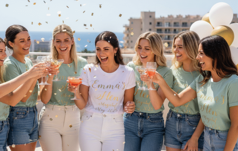 Lifestyle image featuring a close-up of a bride and two bridesmaids at a hen party, all smiling and wearing coordinated short-sleeve t-shirts: the bride in a white tee and the bridesmaids in sage green tees, highlighting personalised hen party t-shirts and group celebrations.
