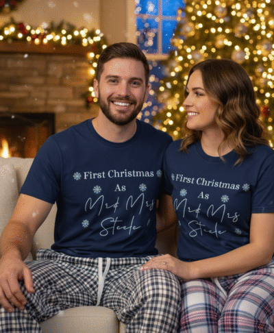 Lifestyle image of a couple wearing matching Christmas pyjama sets, with white short-sleeve t-shirts and festive check pyjama trousers. The man and woman are posing together in a cosy holiday setting with a fireplace and a decorated Christmas tree. Ideal matching couple pyjamas for Christmas morning photos.