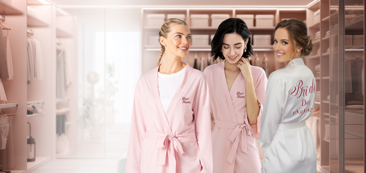 Three young women are standing in what appears to be a well-organized, brightly lit walk-in closet or dressing room. The room has light pink and white storage units, clothes racks, and shelves with boxes. Two women on the left are wearing matching light pink robes with tie sashes, and text ("Your Name") printed on the chest. The woman on the right is wearing a white satin robe that is printed on the back with large, ornate hot pink script text, which clearly reads "Bride" at the top, followed by what looks like a name/initials and a date ("Dec 08.08.2031").